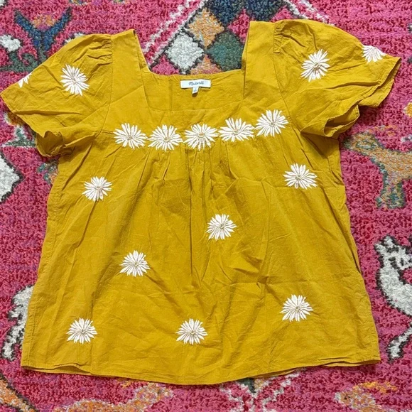 Madewell Mustard Yellow Embroidered Daisy Square-Neck Blouse - Picture 2 of 7